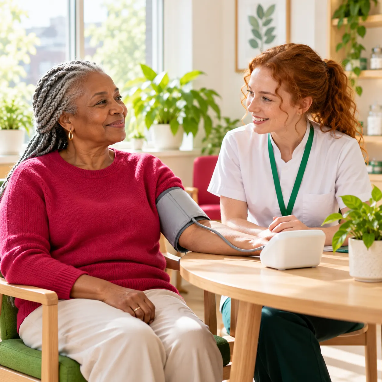 An older woman relaxing in a chair with a blood pressure cuff on her arm while a pharmacist sits beside her