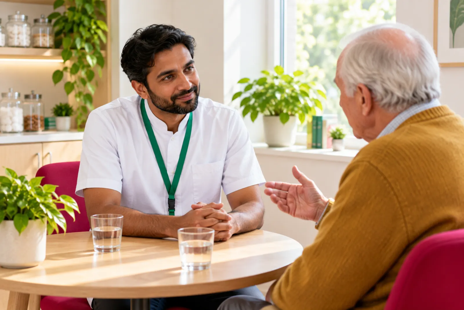 A pharmacist and an older man talking across a small table in a quiet consultation room