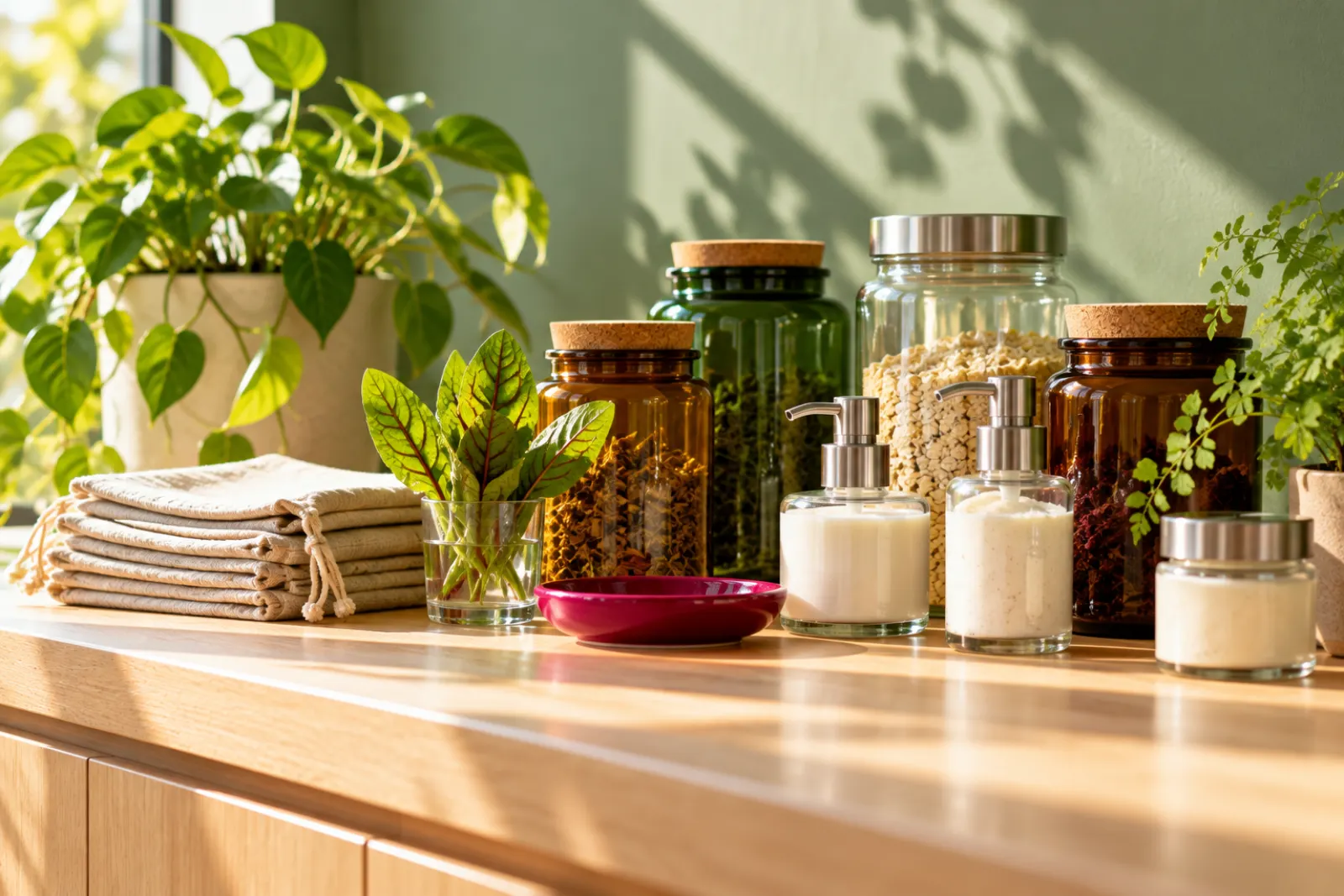 Refillable amber and green glass jars of vitamins and creams lined up on a pale oak counter with plants
