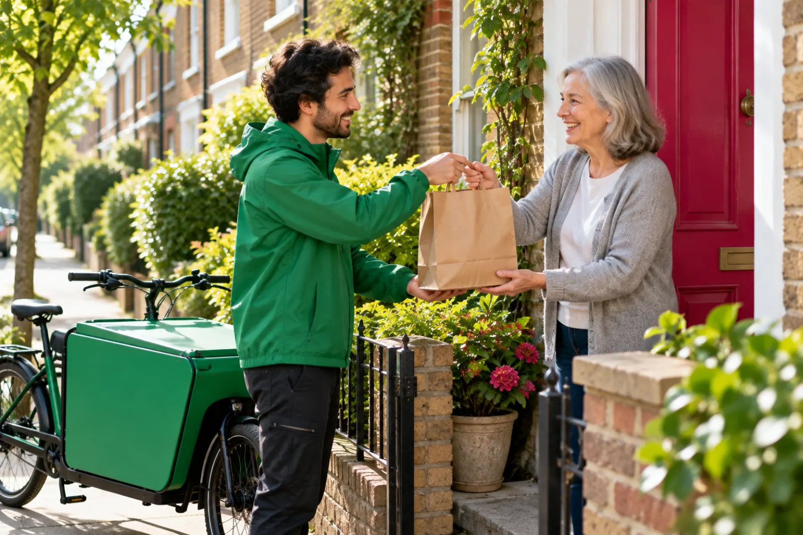 A pharmacy assistant on a green cargo bike handing a paper bag to a neighbour at a front door