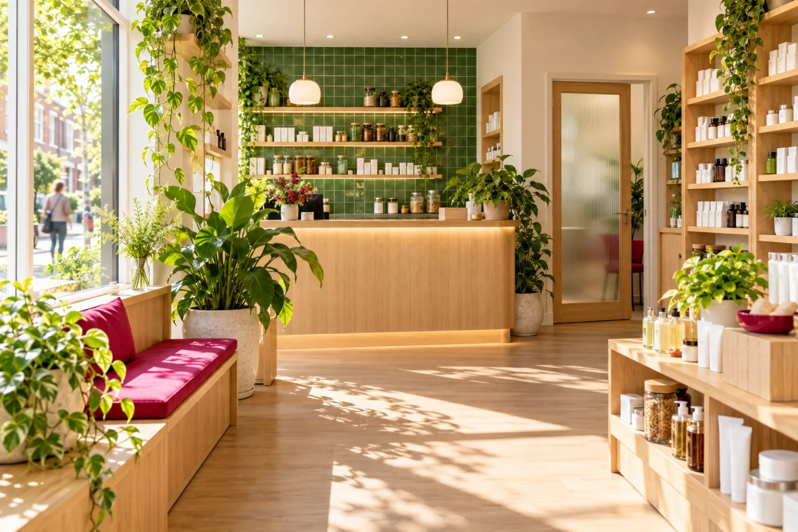 Inside a small, bright pharmacy with oak shelves, green tiles, plants and a wooden counter
