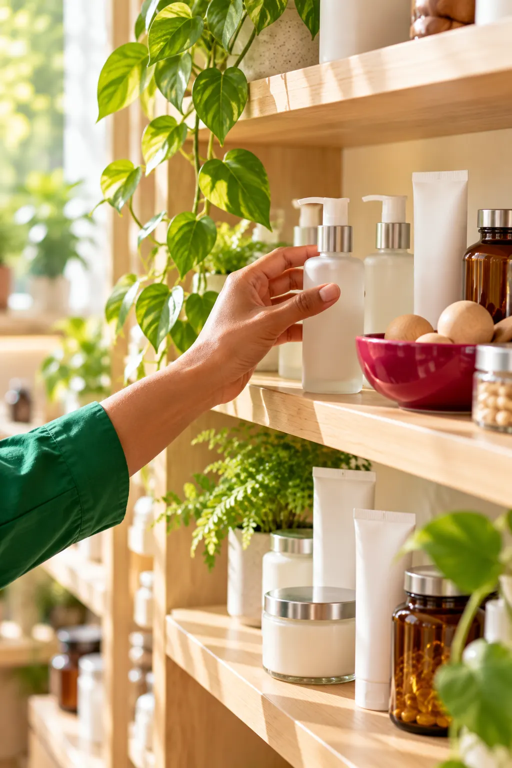 A hand reaching for a glass bottle on an oak shelf of skincare and vitamins next to a trailing plant